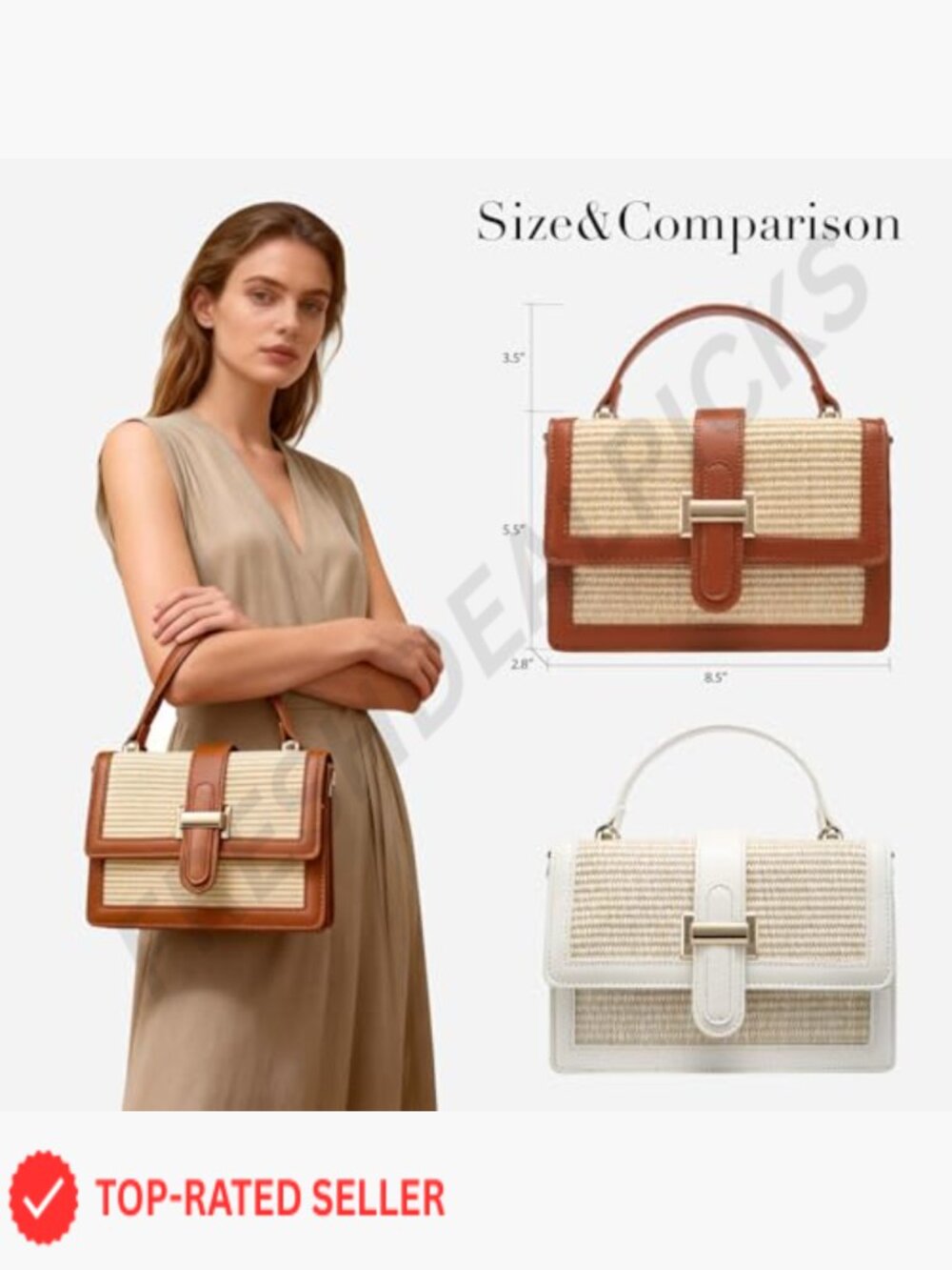 Straw Woven Crossbody Bag Vegan Leather Patchwork Summer Purse Top Handle - Picture 6 of 6
